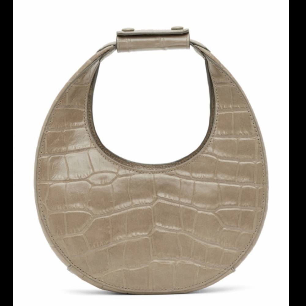 STAUD French Gray Croc Embossed Mini Moon Bag